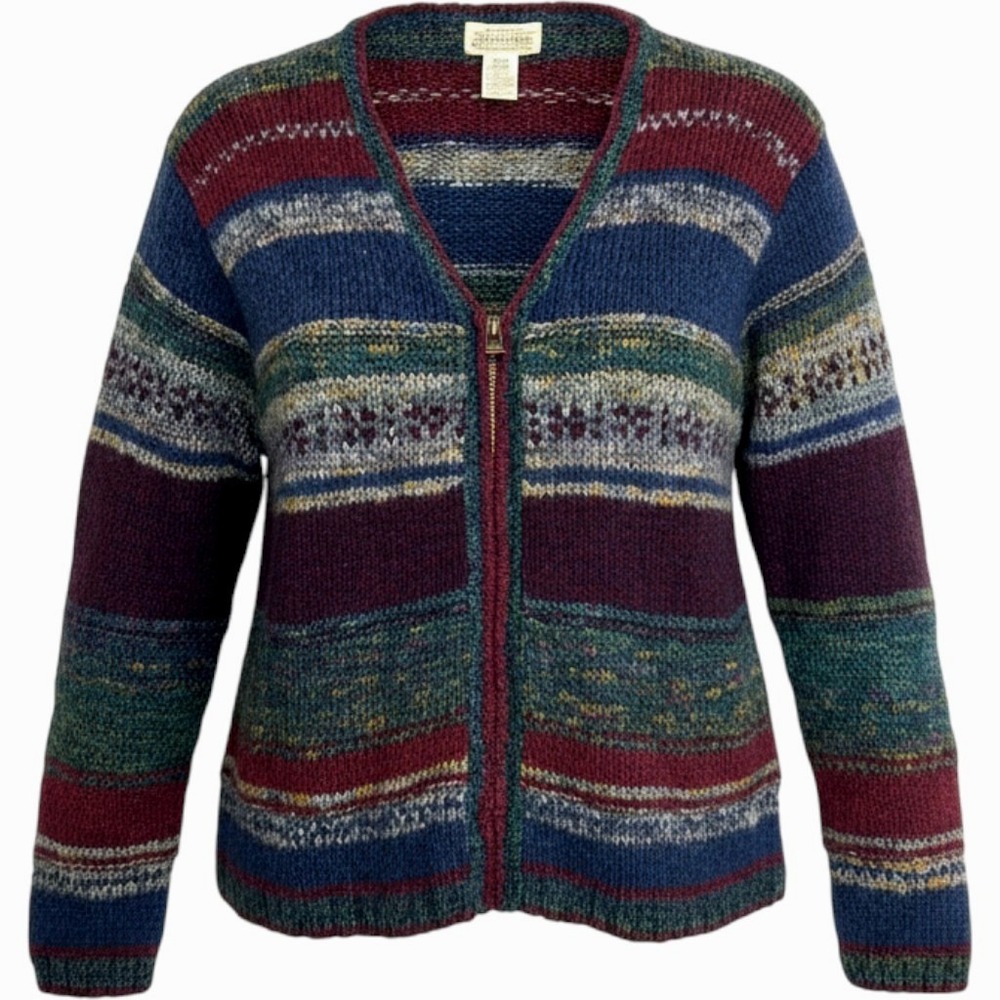 VTG St Johns Bay Textured Wool Grandpa Cardigan Womens L Zip Chunky Knit Sweater